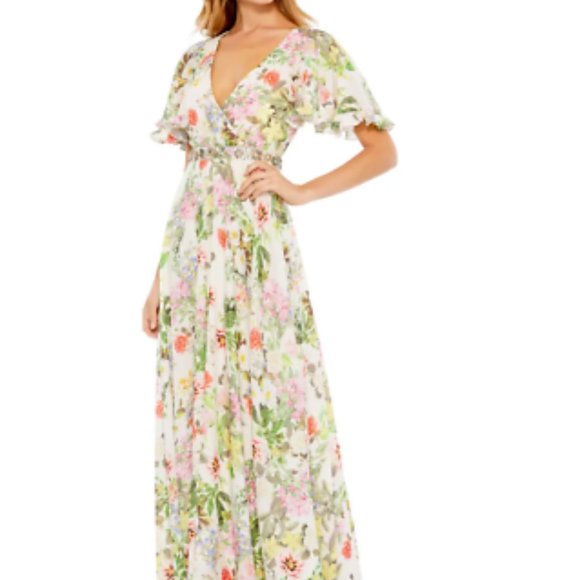 MAC DUGGAL FLORAL MULTI  PRINT FLUTTER SLEEVE EMBELLISHED WAIST GOWN sz 8 - Picture 3 of 7